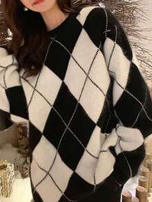 Oversized Argyle Crew Neck Sweater