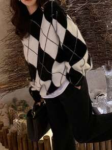 Oversized Argyle Crew Neck Sweater