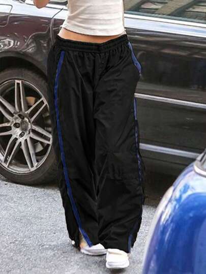 Contrast Side Seam Slit Hem Pants