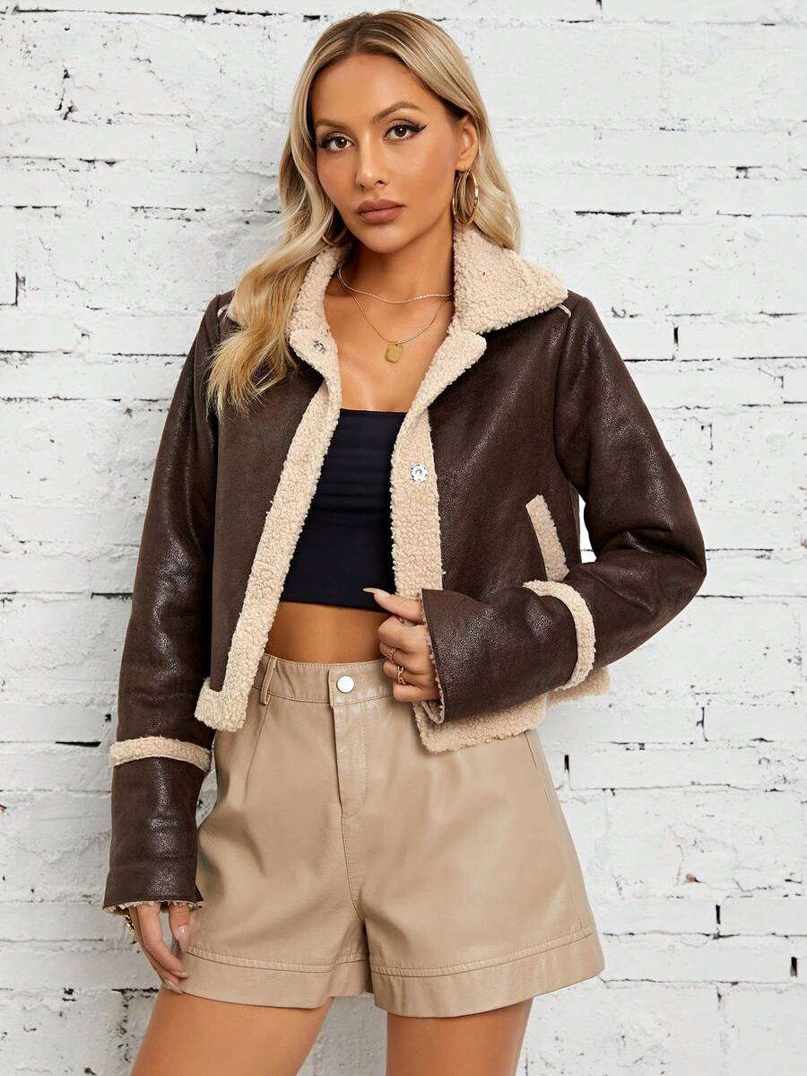 RELISH NOLESS Lót Teddy chất liệu da PU Áo khoác - Cà phê nâu - Xem 1