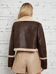 RELISH NOLESS Lót Teddy chất liệu da PU Áo khoác - Cà phê nâu - Xem 2