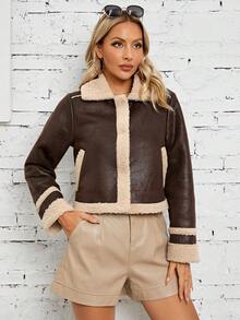 RELISH NOLESS Lót Teddy chất liệu da PU Áo khoác - Cà phê nâu - Xem 3