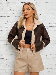 RELISH NOLESS Lót Teddy chất liệu da PU Áo khoác - Cà phê nâu - Xem 4