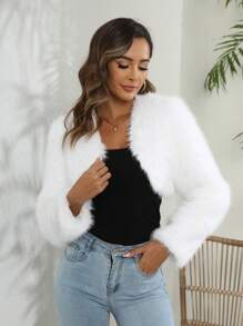 RELISH NOLESS Solid Open Front Crop Fuzzy Coat - White - View 1