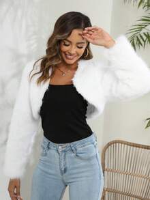 RELISH NOLESS Solid Open Front Crop Fuzzy Coat - White - View 3