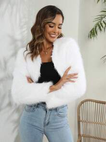 RELISH NOLESS Solid Open Front Crop Fuzzy Coat - White - View 5