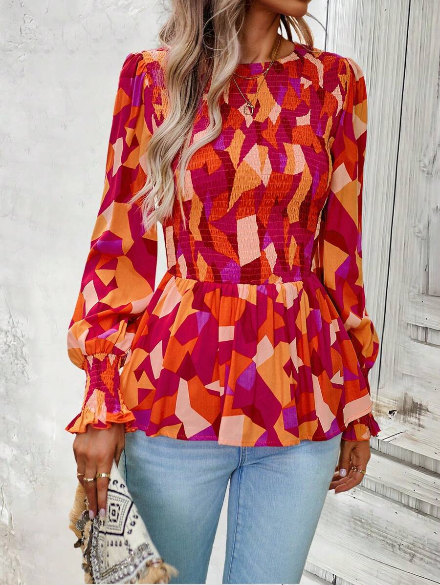 SHEIN VCAY 滿版印花荷葉袖荷葉邊下擺襯衫 - 彩色 - 查看 1