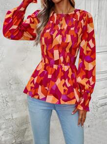 SHEIN VCAY 滿版印花荷葉袖荷葉邊下擺襯衫 - 彩色 - 查看 4