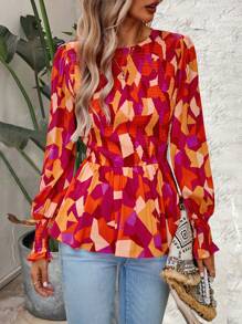 SHEIN VCAY 滿版印花荷葉袖荷葉邊下擺襯衫 - 彩色 - 查看 5