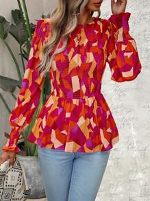 SHEIN VCAY 滿版印花荷葉袖荷葉邊下擺襯衫 - 彩色 - 查看 6