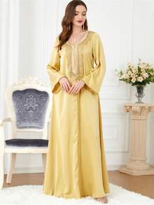 SISKAKIA Pearl Detail Long Flare Sleeve Modest Dress - Yellow - View 4