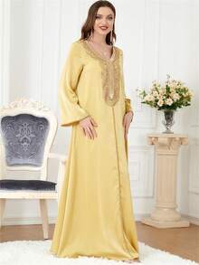SISKAKIA Pearl Detail Long Flare Sleeve Modest Dress - Yellow - View 5