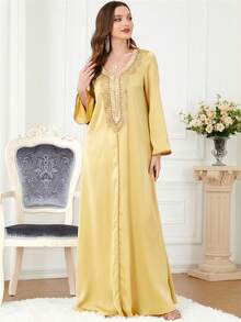 SISKAKIA Pearl Detail Long Flare Sleeve Modest Dress - Yellow - View 6