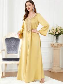 SISKAKIA Pearl Detail Long Flare Sleeve Modest Dress - Yellow - View 7