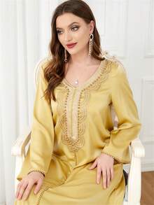 SISKAKIA Pearl Detail Long Flare Sleeve Modest Dress - Yellow - View 8