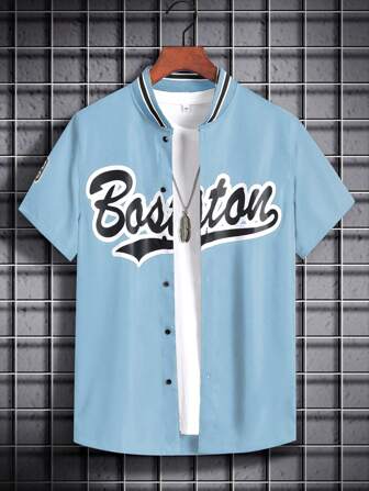 Manfinity Sporsity Hombres Camisa con estampado de letra ribete de rayas cuello béisbol sin camiseta