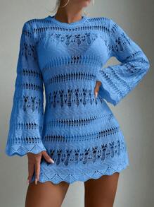 Swim Vcay Summer Beach Hollow Out Scallop Trim Cover Up Dress Without Bikini Set