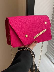 Bolsa cuadrada neón rosado con piel de serpiente en relieve con solapa con cadena - Rosa Fucsia - Ver 1