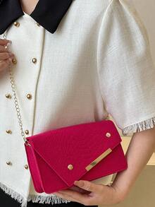 Bolsa cuadrada neón rosado con piel de serpiente en relieve con solapa con cadena - Rosa Fucsia - Ver 2