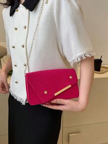 Bolsa cuadrada neón rosado con piel de serpiente en relieve con solapa con cadena - Rosa Fucsia - Ver 5