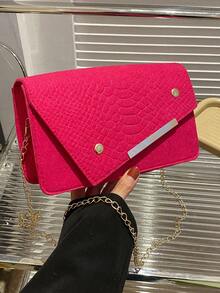 Bolsa cuadrada neón rosado con piel de serpiente en relieve con solapa con cadena - Rosa Fucsia - Ver 6