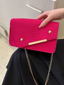 Bolsa cuadrada neón rosado con piel de serpiente en relieve con solapa con cadena - Rosa Fucsia - Ver 7