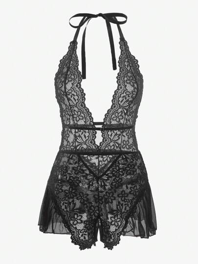 Seduluxe Bloemen Kanten Scallop Halter Teddy Bodysuit Lingerie, Baddie Look view 3