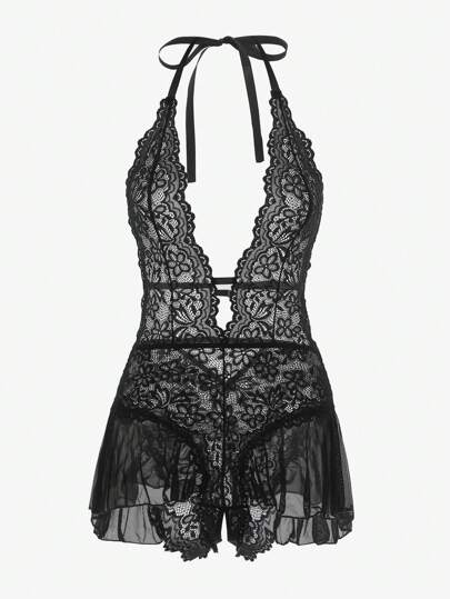 Seduluxe Bloemen Kanten Scallop Halter Teddy Bodysuit Lingerie, Baddie Look view 4