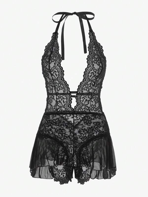 Floral Lace Scallop Trim Halter Teddy Bodysuit Lingerie