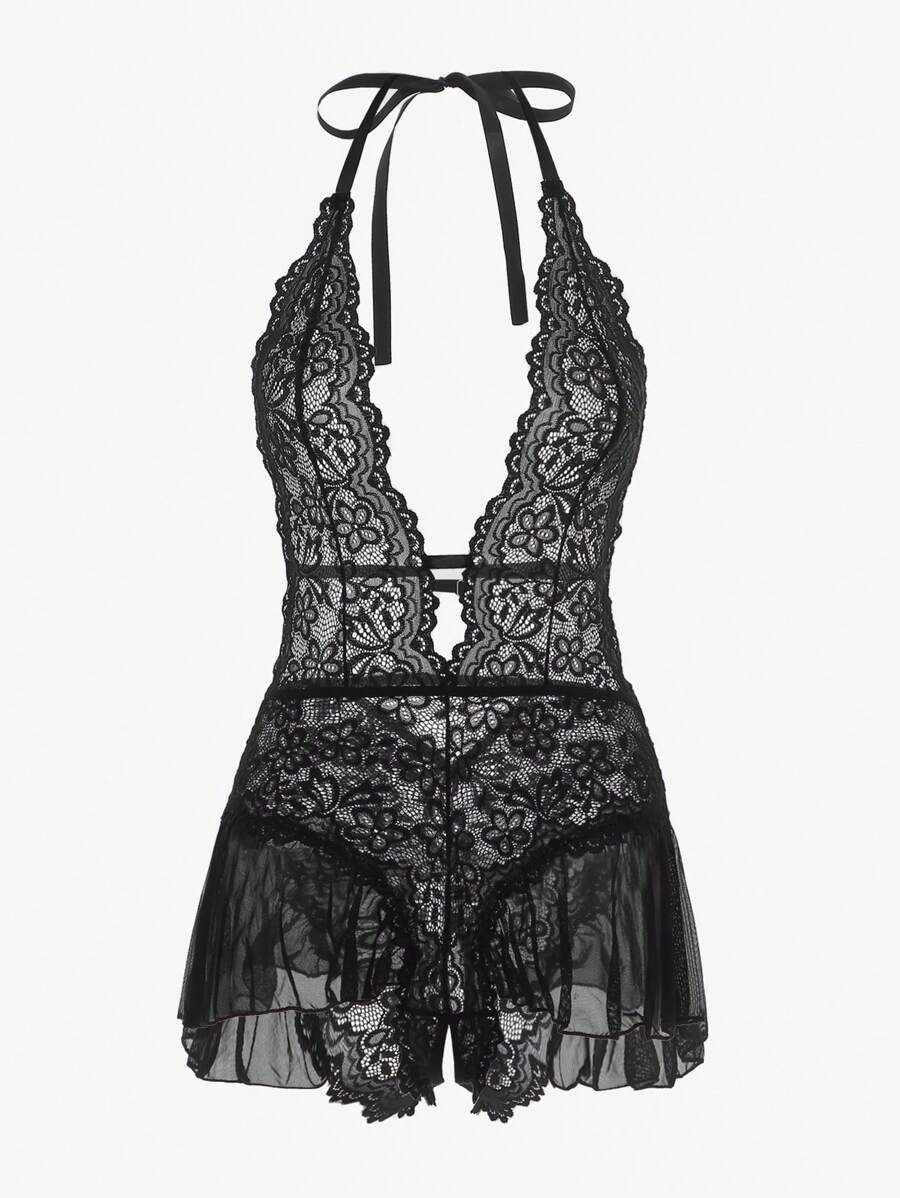 SHEIN Đồ lót liền thân hở lưng viền ren hoa hình sò điệp, phong cách Baddie - màu đen - Xem 1