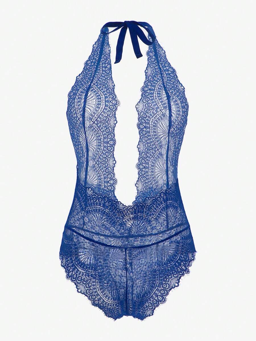Lace Backless Plunge Teddy Bodysuit - Royal Blue - View 1