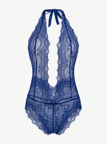 Lace Backless Plunge Teddy Bodysuit - Royal Blue - View 3