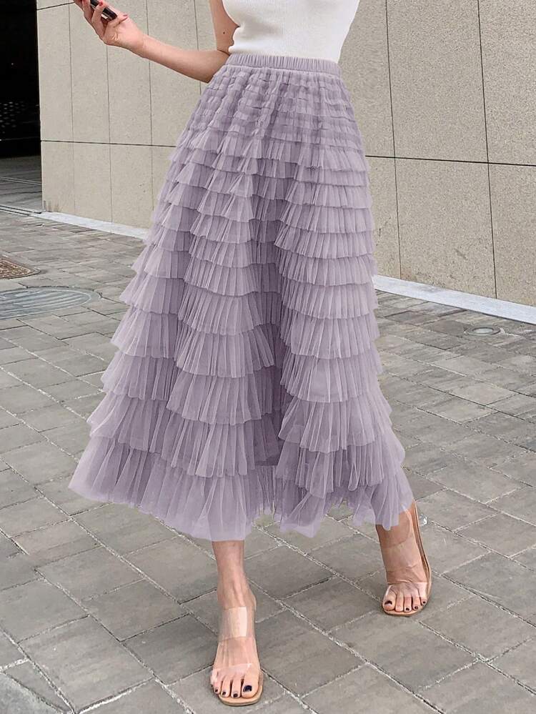 Solid Layer Ruffle Hem Mesh Skirt