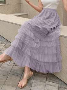 DAZY Solid Layer Ruffle Hem Mesh Skirt