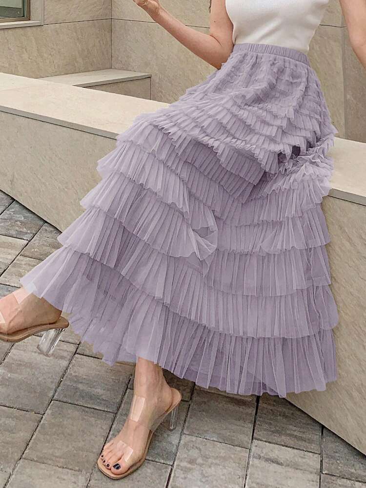 Solid Layer Ruffle Hem Mesh Skirt
