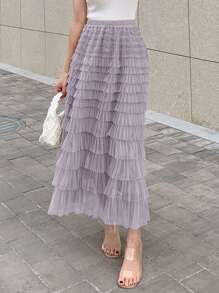 DAZY Solid Layer Ruffle Hem Mesh Skirt