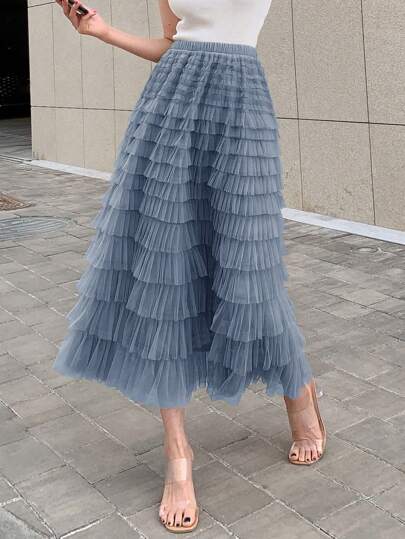 DAZY 纯色网纱拼接半身裙，荷叶边