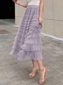DAZY Solid Layer Ruffle Hem Mesh Skirt