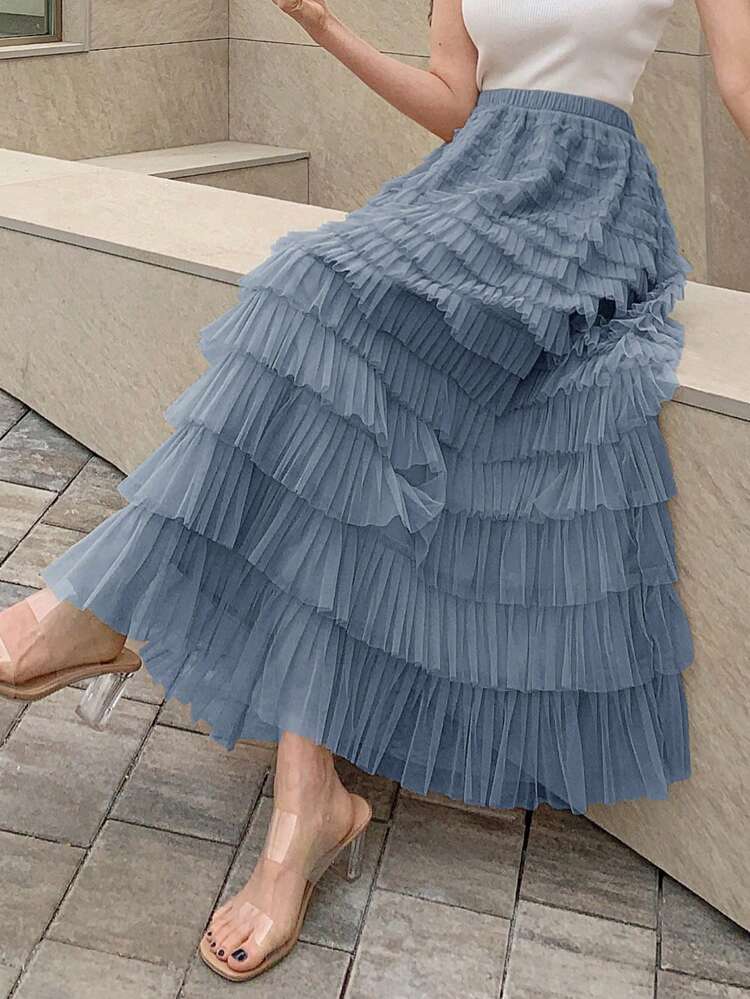 Solid Layer Mesh Overlay Skirt,Ruffle