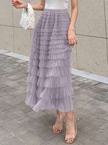 DAZY Solid Layer Ruffle Hem Mesh Skirt