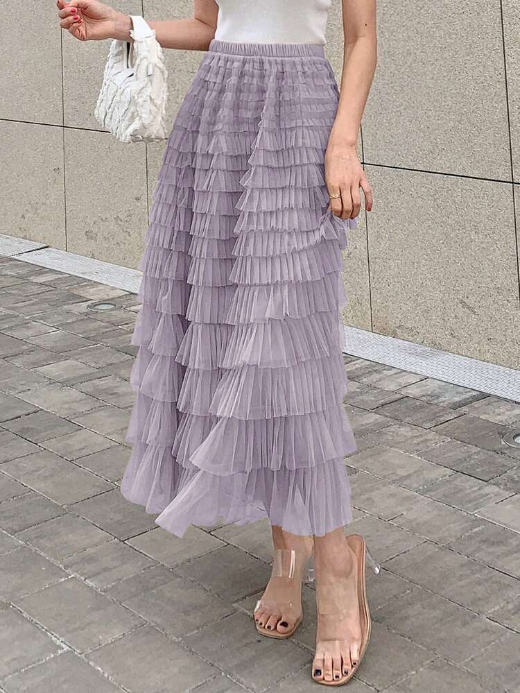 Solid Layer Ruffle Hem Mesh Skirt