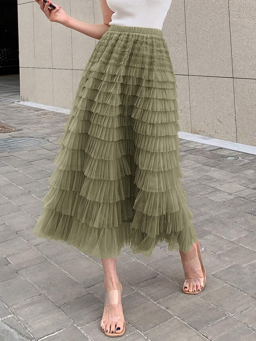 DAZY Solid Layer Ruffle Hem Mesh Skirt,Back To School Clothes - Green - View 1