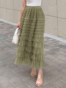 DAZY Solid Layer Ruffle Hem Mesh Skirt,Back To School Clothes - Green - View 3