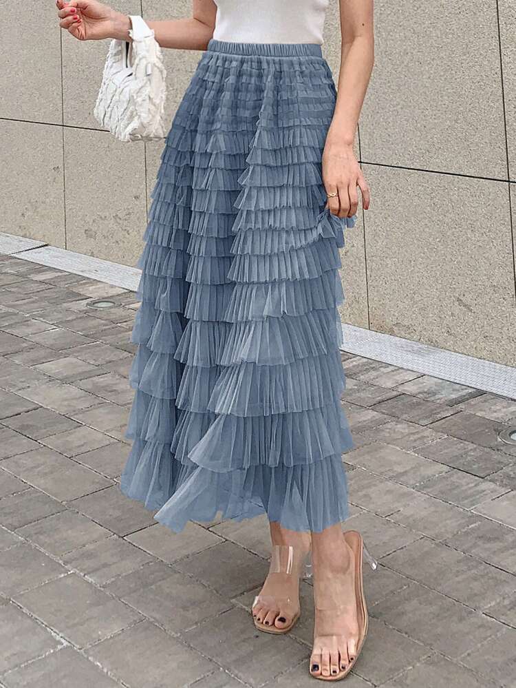 Solid Layer Mesh Overlay Skirt,Ruffle