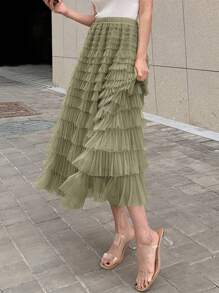 DAZY Solid Layer Ruffle Hem Mesh Skirt,Back To School Clothes - Green - View 4