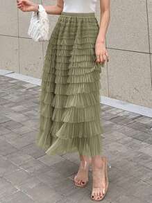 DAZY Solid Layer Ruffle Hem Mesh Skirt,Back To School Clothes - Green - View 5