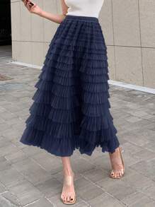 DAZY Chất rắn Nếp may đa lớp Hem Lưới Váy - Màu xanh hải quân - Xem 1