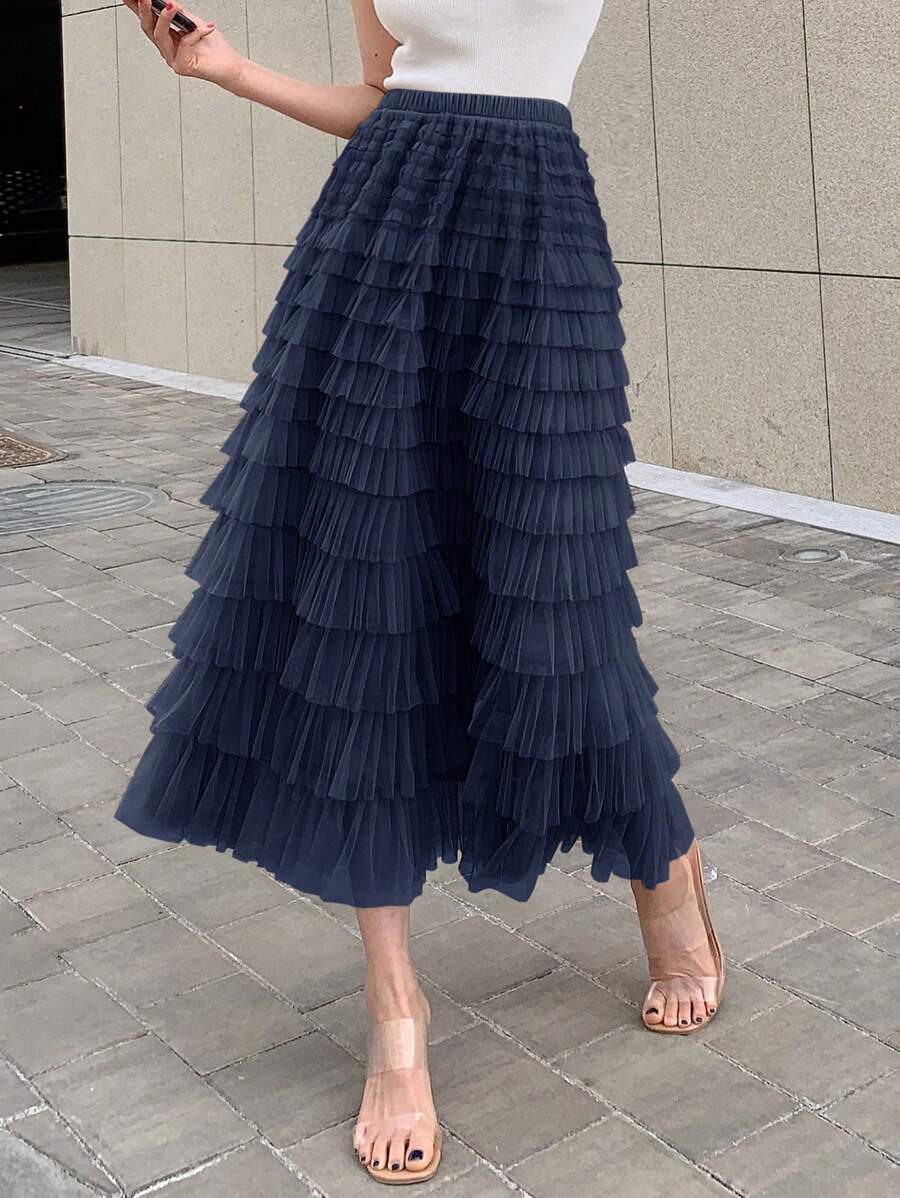 DAZY Chất rắn Nếp may đa lớp Hem Lưới Váy - Màu xanh hải quân - Xem 1