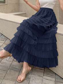 DAZY Chất rắn Nếp may đa lớp Hem Lưới Váy - Màu xanh hải quân - Xem 2