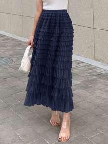 DAZY Chất rắn Nếp may đa lớp Hem Lưới Váy - Màu xanh hải quân - Xem 3